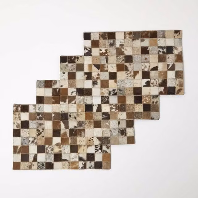 Homescapes Set of 4 Brown Checked Leather Square Placemats