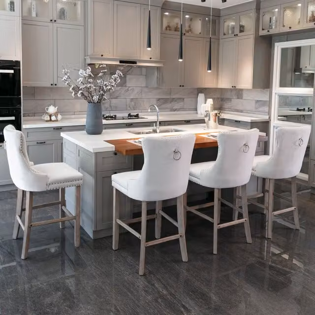 HomeTouch Set of 4 Beige Velvet Bar Stools with Wooden Legs