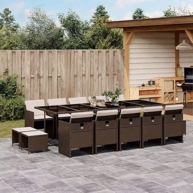 Berkfield Home 15 Piece Brown Poly Rattan Garden Dining Set with Cushions and Glass Tabletop – 1