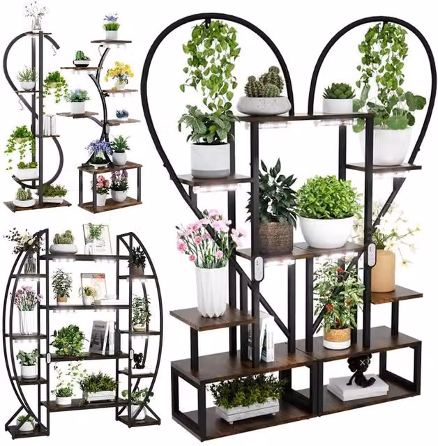 NESTLUNE Modern Metal Plant Stand with Integrated LED Grow Lights in Black, W/D/H: 100 x 28 x 167 cm – 1