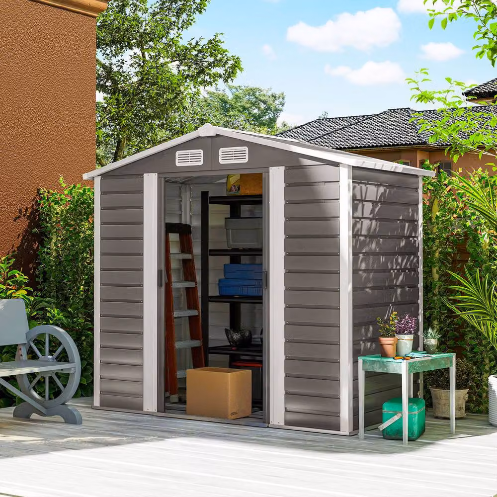 Rolipo Galvanised Steel Garden Shed with Foundation Kit and Lock, Light Grey – 2