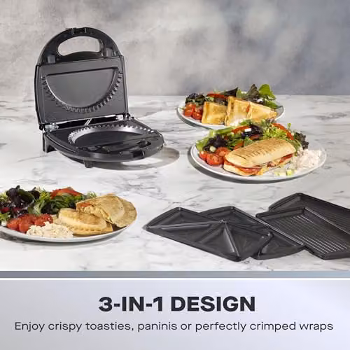 Daewoo 3-in-1 Panini Press, Sandwich and Crimp Maker with Removable Non-Stick Plates, 750W, Black – 3
