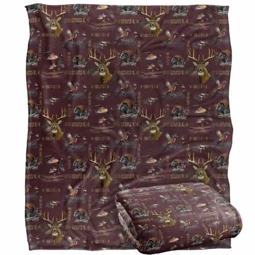 JQ Licensing Big Game Hunting Pattern Super Soft Fleece Throw Blanket, White, W/D/H: 152 x 127 cm