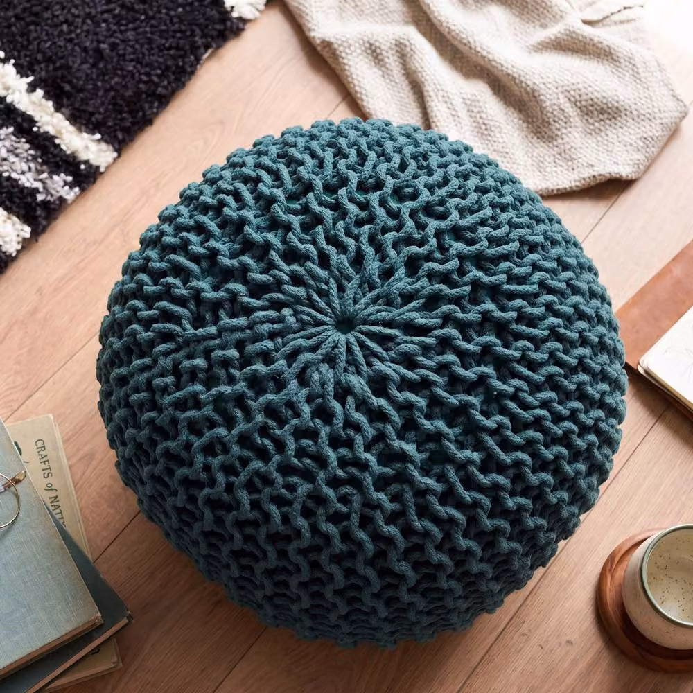 Bravich LTD Chunky Knitted Cotton Pouffe Footstool in Dark Green, Diameter: 50 cm – 4