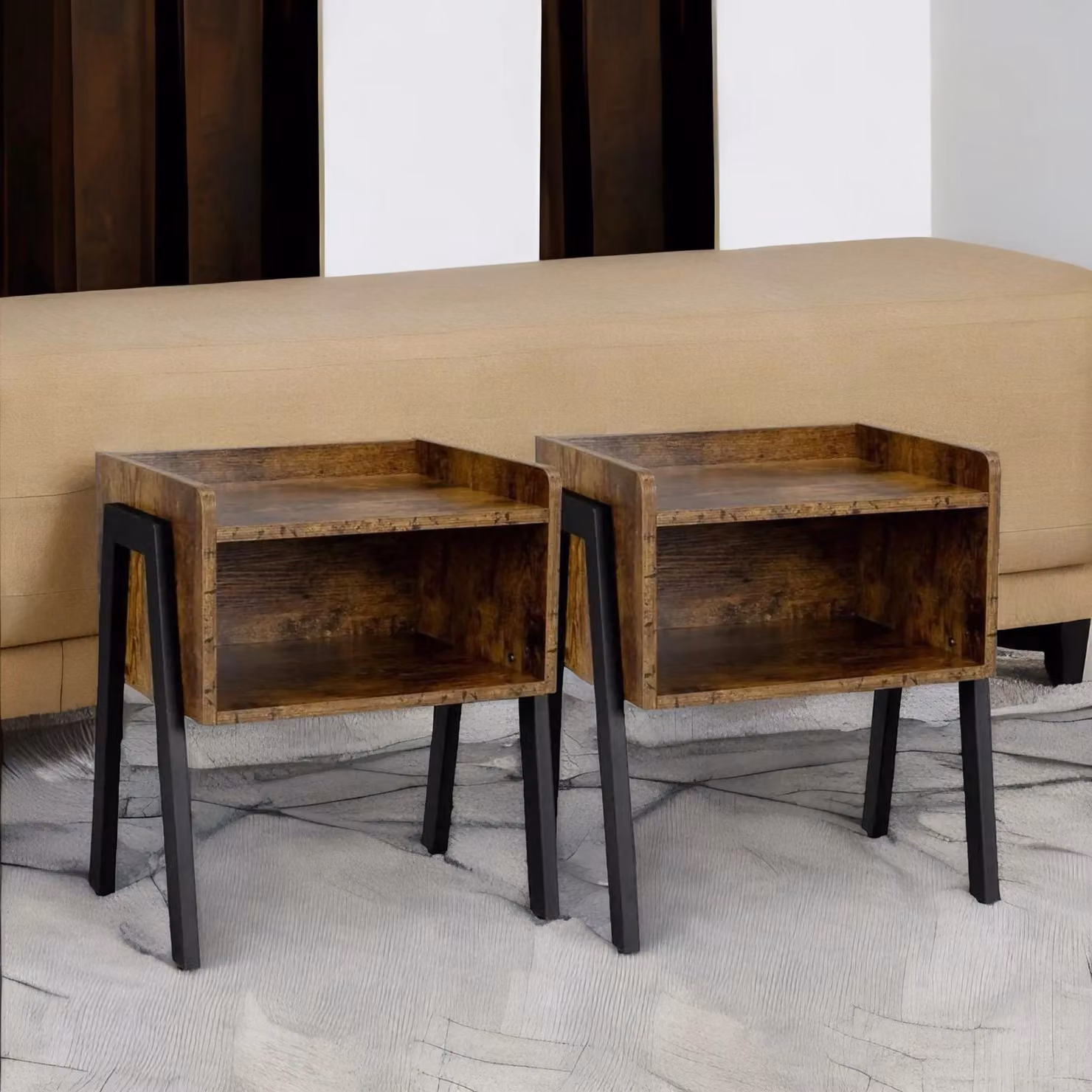 Rafaelo Mobilia Set of 2 Rustic Stackable Bedside Tables in Brown and Black – 2