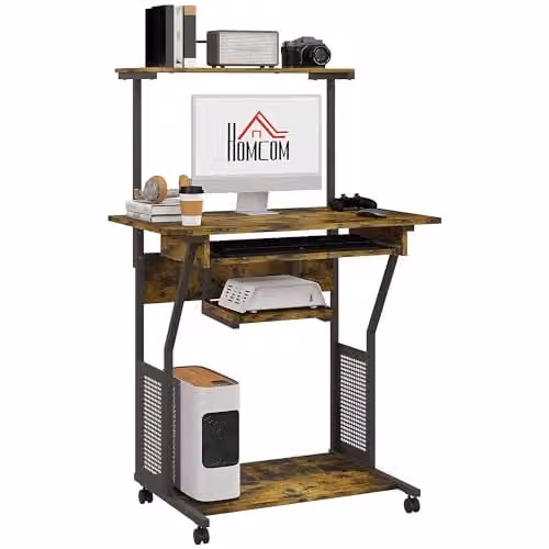 HOMCOM Industrial Mobile Computer Desk in Brown with Castors, W/D/H: 80 x 50 x 130 cm