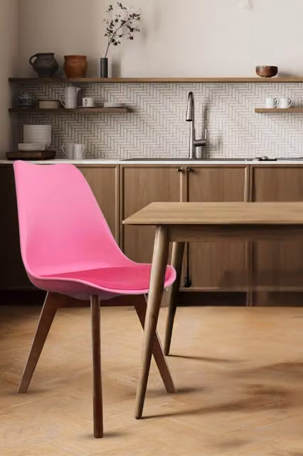 Fusion Living Soho Plastic Dining Chair with Dark Wood Legs in Pink