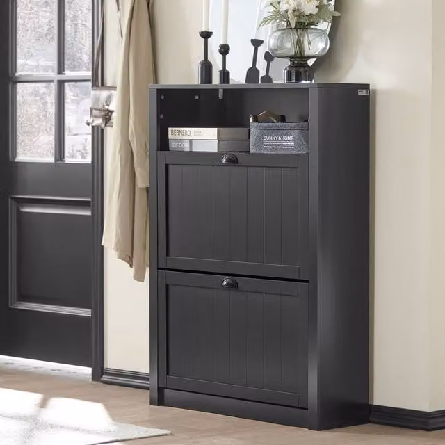 SoBuy Country House Style Shoe Cabinet in Matt Dark Grey with Tilting Compartments and Hinged Doors