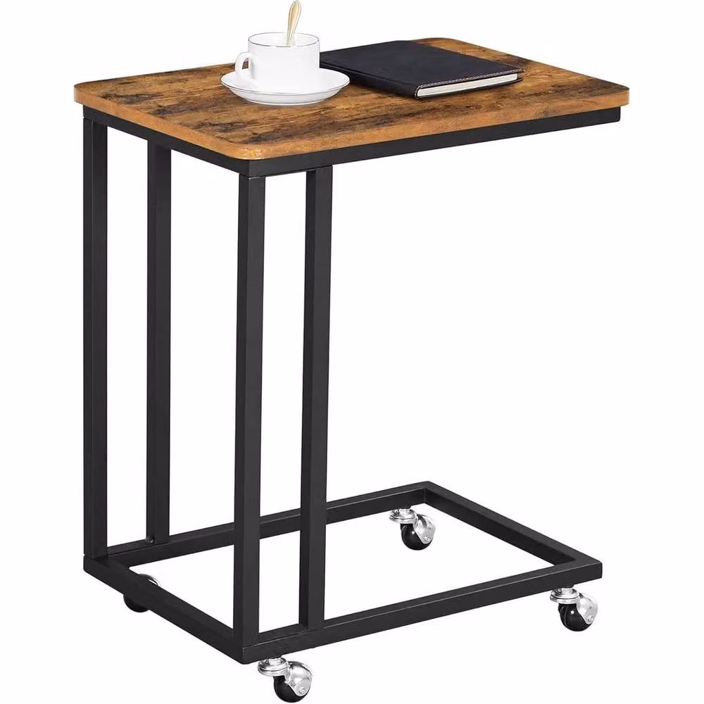 FORGEVIO Industrial Wheeled Side Coffee End Table with Matt Metal Frame in Black and Brown – 4