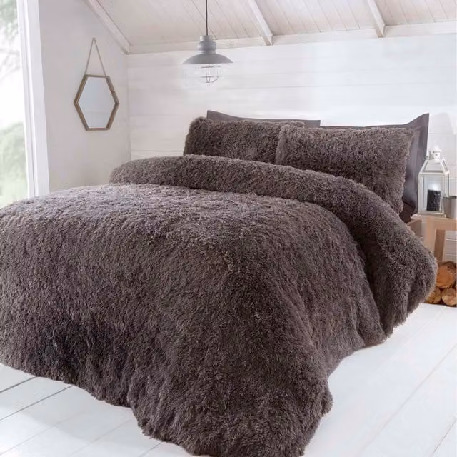 Rapport Home Hygge Plain Grey Polyester Fur Fleece Duvet Set with Pillowcase
