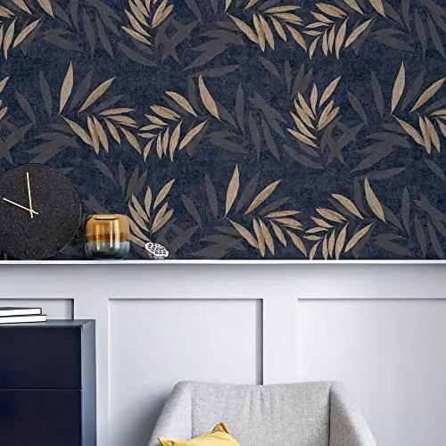 Arthouse Luxury Leaf Navy Champagne Botanical Floral Heavyweight Vinyl Wallpaper – 2