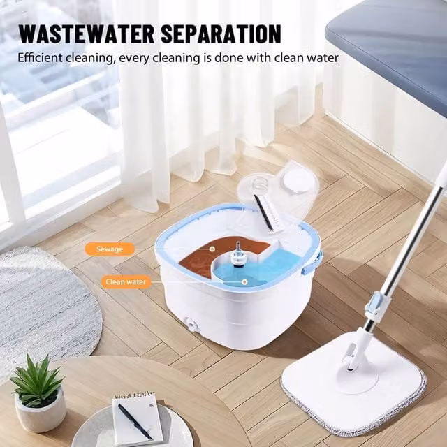 EONLION Floor Magic Spin Mop and Bucket Set with Wringer and Microfibre Mop Head in White