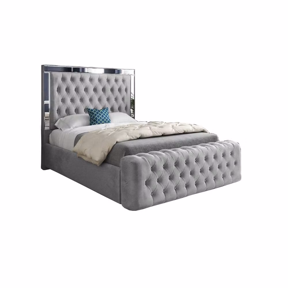 Casani Zennor Mirror Upholstered Designer Bed Frame in Grey Velvet, W/D/H: 90 x 200 x 137 cm – 2