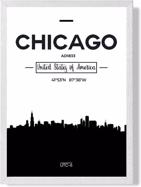 ARTZE Chicago Black and White City Skyline Framed Paper Poster with White Frame, Size: A2 – 1