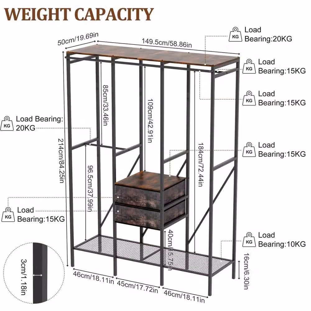 FORGEVIO Industrial Open Wardrobe Clothes Rail with Internal Shelves in Black and Brown – 2