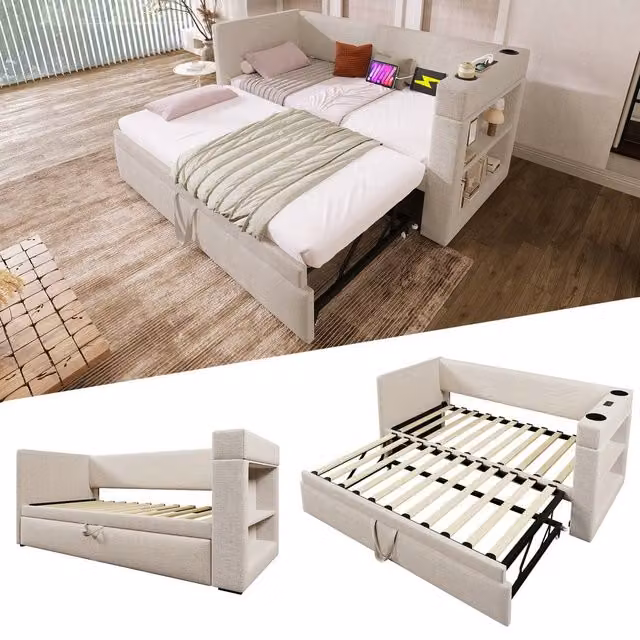ModernLuxe Upholstered Single Daybed Sofa Bed with Storage and Pull-out Trundle in Beige, W/D/H: 190 x 90 x 74 cm – 1
