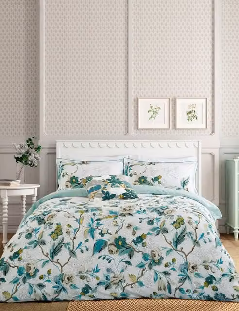 English Heritage Craven Street Floral Mako Satin Pure Cotton Bedding Set, Duck Egg Blue, W/D/H: 180 x 200 cm