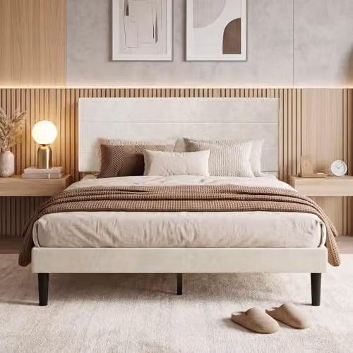 Levede King Size Bed Frame with Adjustable Upholstered Headboard in Beige Velvet Fabric, W/D/H: 135 x 190 x 113 cm – 4