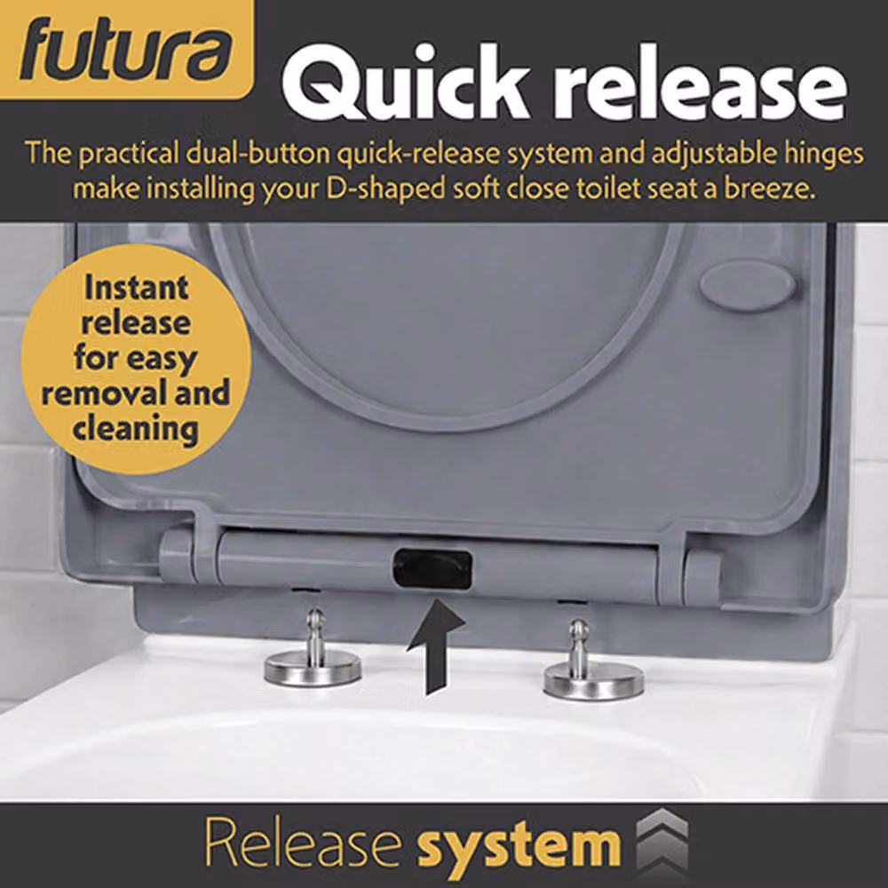 Futura D-Shaped Soft Close Toilet Seat in Grey with Quick Release and Removable Features, Width: 50 cm – 2