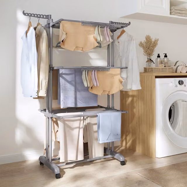 SONGMICS Foldable Stainless Steel Laundry Airer with Wheels, Grey