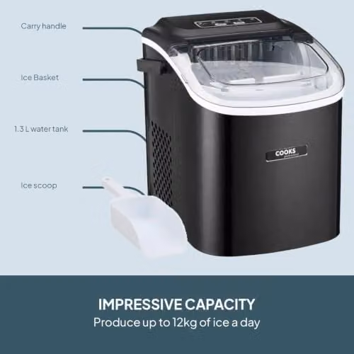 Cooks Professional Black Countertop Ice Maker Machine with Scoop, 12kg Capacity and 1.3L Water Tank – 4