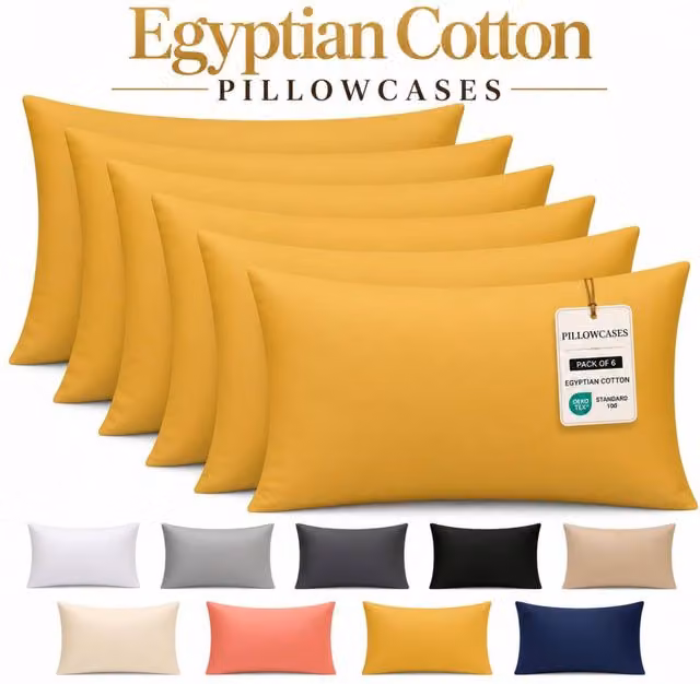 Pamposh Egyptian Cotton Pillowcases, Pack of 6, Yellow, 400TC Mako Satin with Envelope Closure