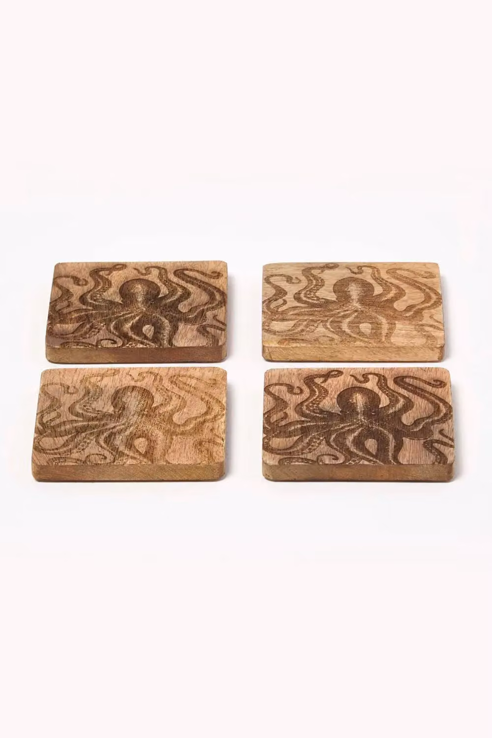 HOMESCAPES Brown Wooden Coaster Set with Octopus Design, Set of 4, W/D/H: 10 x 10 x 2 cm – 2