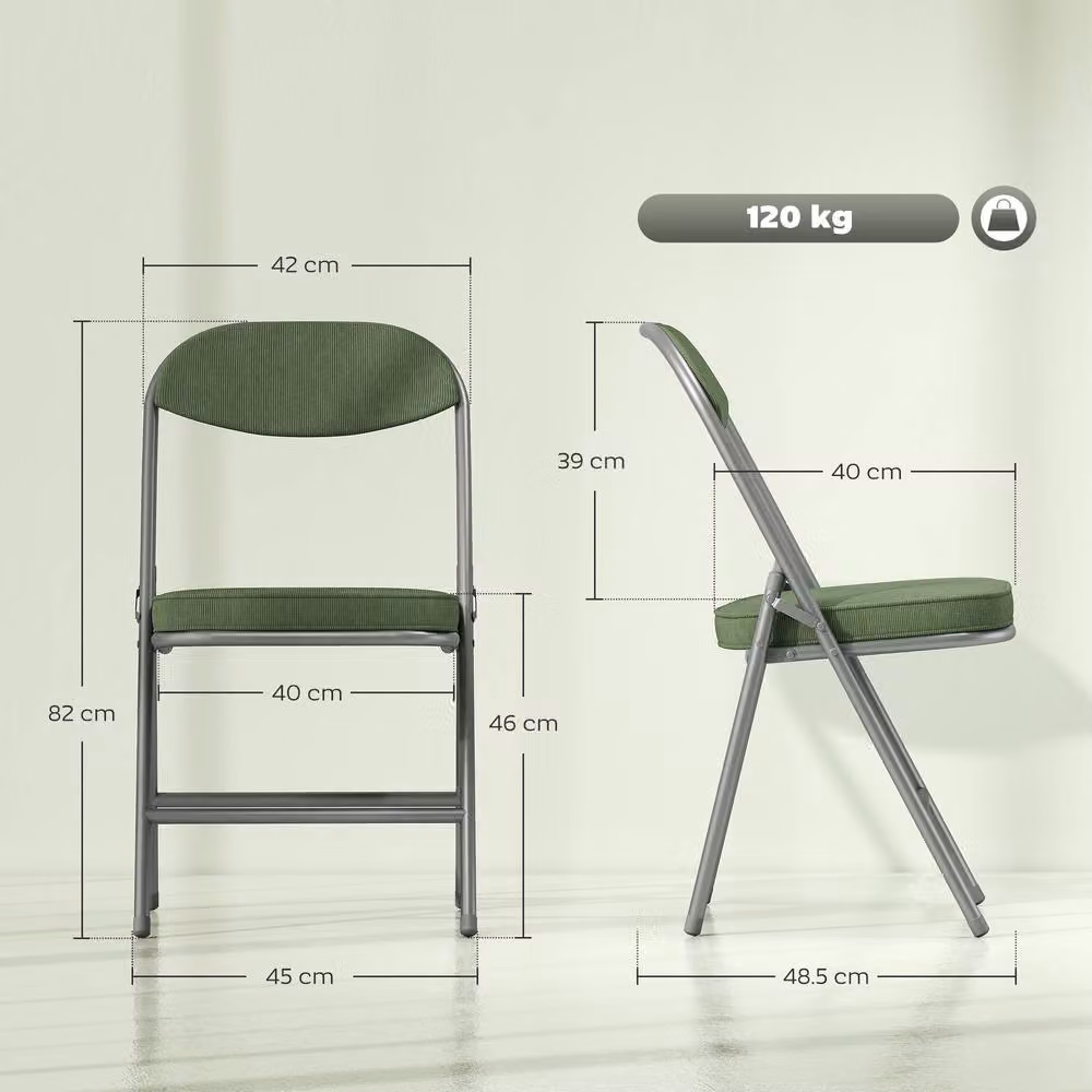 STILVORA Set of Four Green Corduroy Upholstered Folding Chairs with Metal Frame – 3