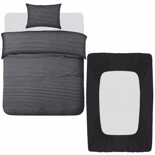 Grace 3 Piece Single Microfibre Duvet Cover Set with Matching Fitted Sheet in Black, Anthracite or Grey, W/D/H: 135 x 200 cm, 50 x 75 cm, 90 x 190 x 40 cm – 1