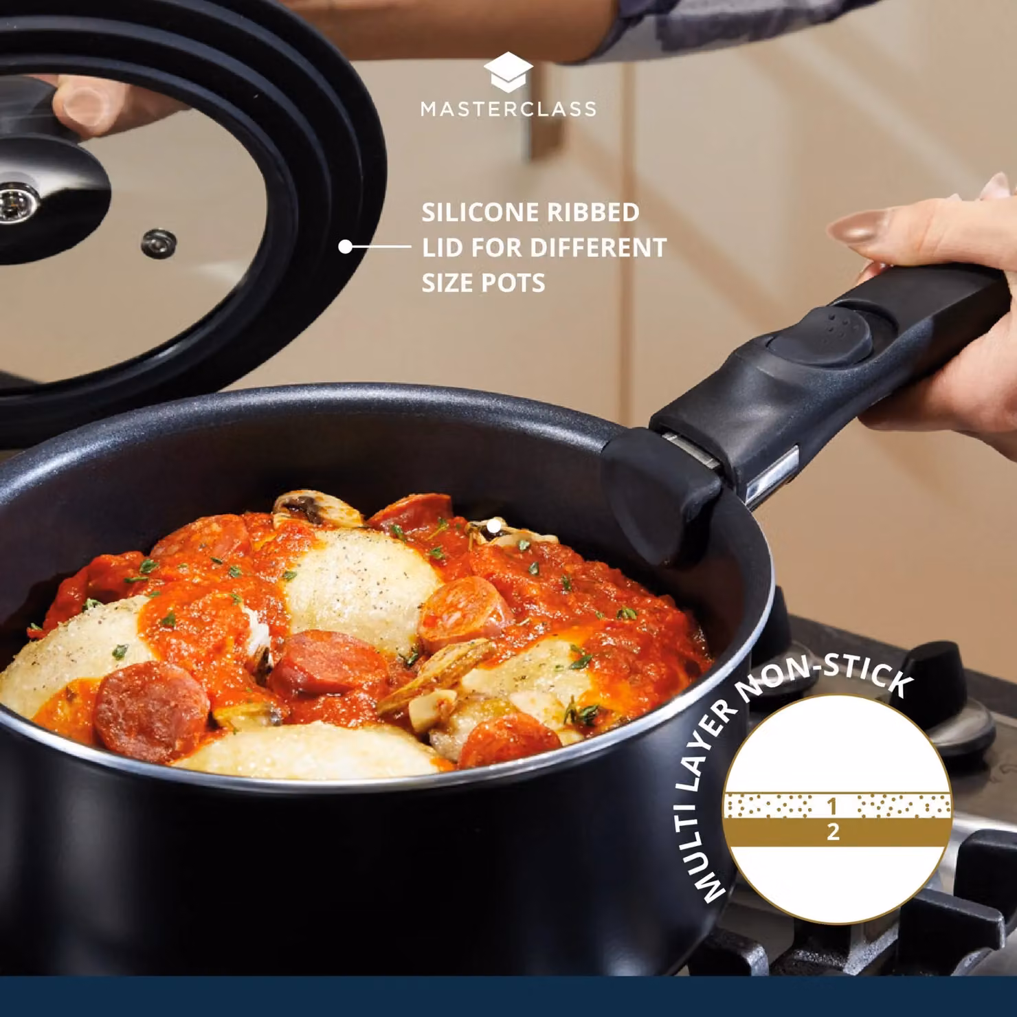 MasterClass Smart Space Set of Three Stacking Induction-Safe Non-Stick Aluminium Pans in Grey or Black – 7