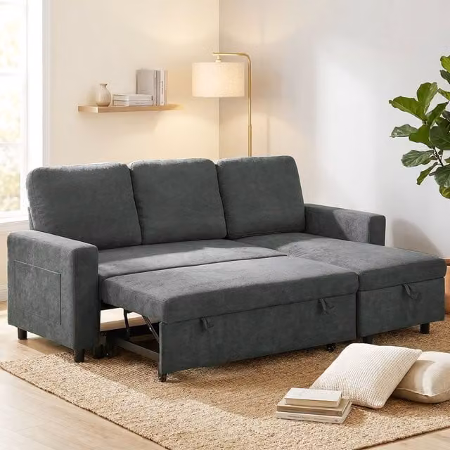 HOMCOM L-Shape Corner Sofa Bed with Reversible Chaise and Pull Out Drawer in Dark Grey