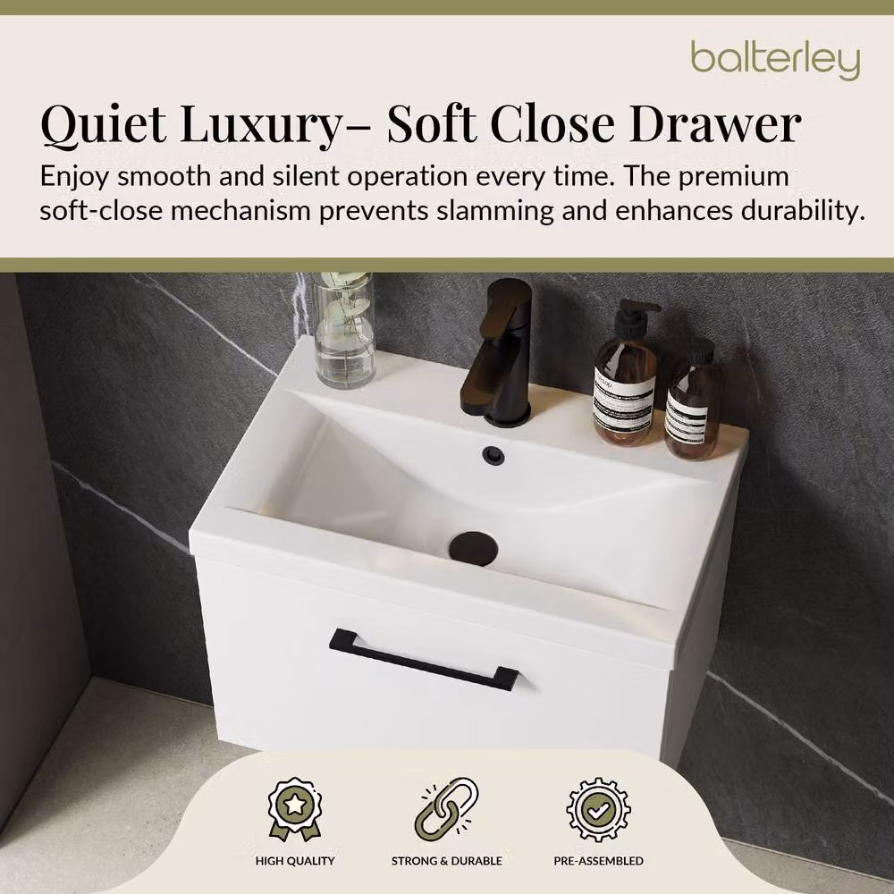 Balterley Gloss White Wall Hung 1 Drawer Vanity Basin Unit with Black Handle, 600mm – 2
