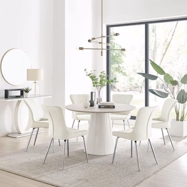 Furniturebox Palma Beige Stone Effect Round Dining Table and 6 Nora Silver Leg Chairs in Cream
