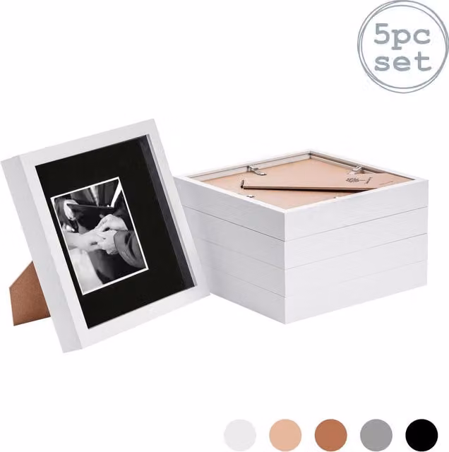 Nicola Spring Pack of 5 Single Square 3D Box Photo Frames in White and Black, W/D/H: 20.32 x 20.32 x 5.08 cm