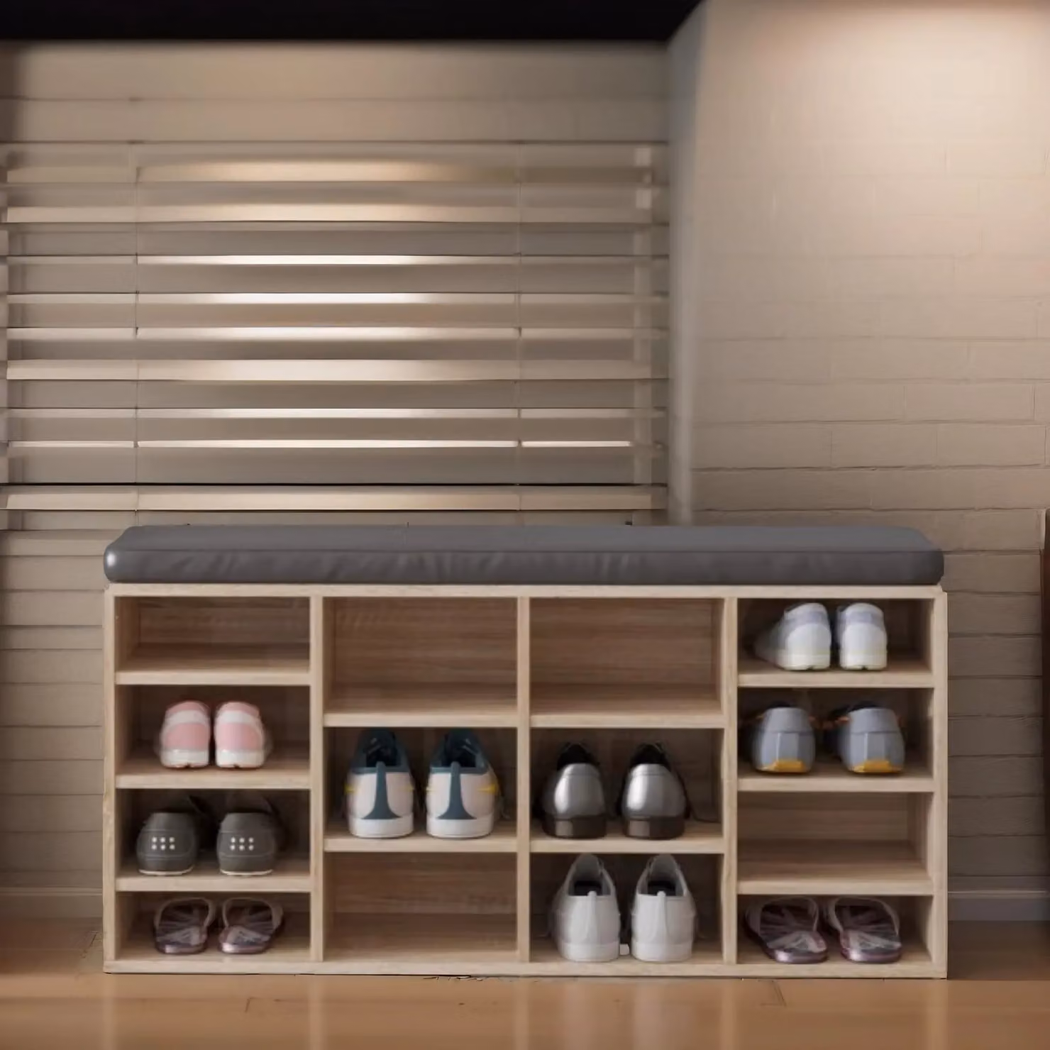 Pirlo Plush Industrial Shoe Storage Bench with Cushion Seat in Sand – 2