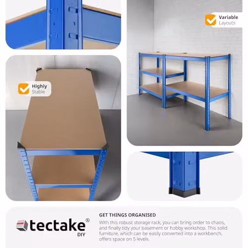 tectake Heavy-Duty 5-Tier Garage Shelving Unit with MDF Shelves and Galvanised Steel Frame, Blue, W: 132.5 cm, D: 45.5 cm, H: 180.5 cm – 4