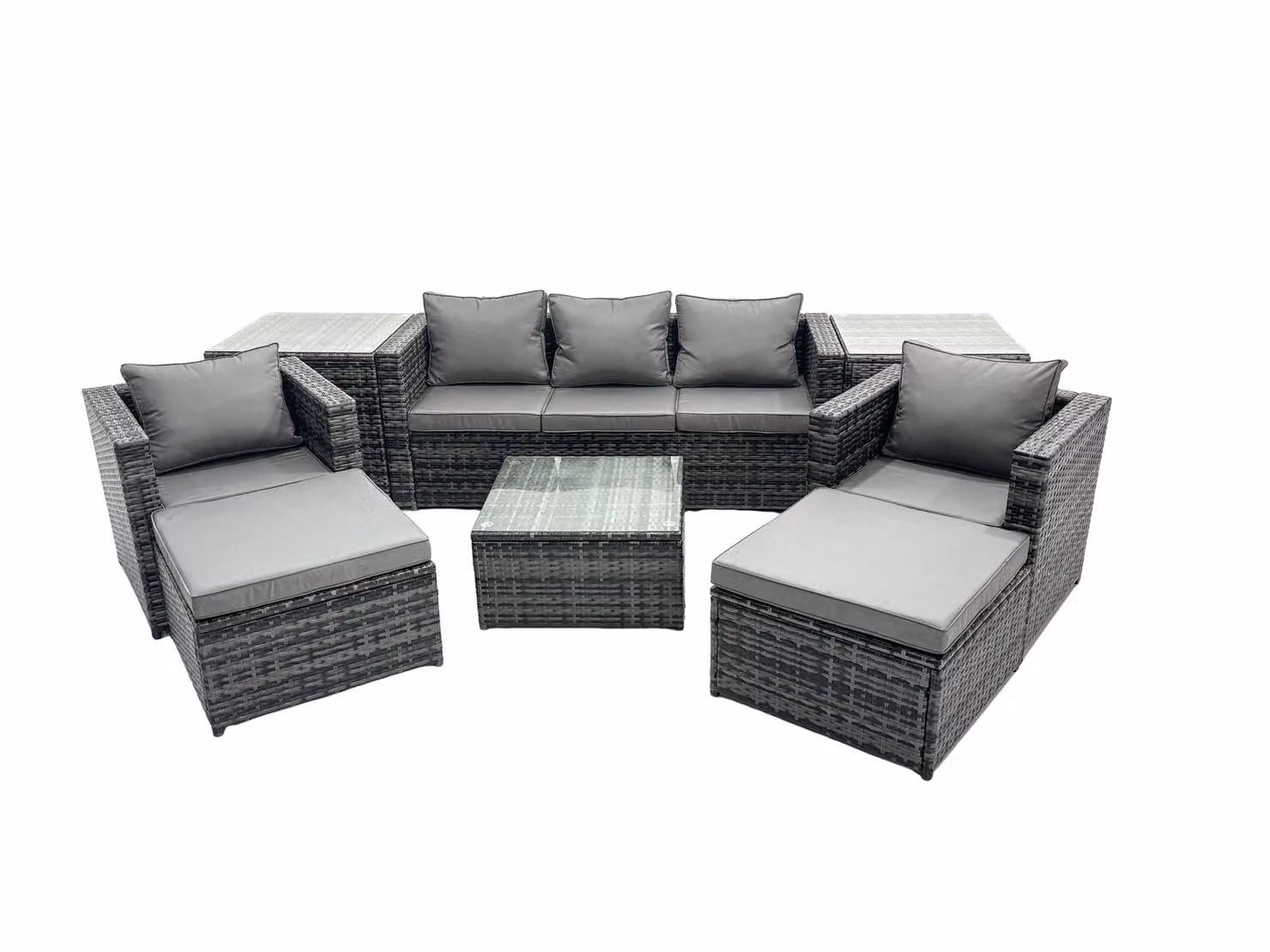 Fimous 7 Seater Patio Lounge Sofa Set with 2 Side Tables and 2 Large Footstools in Dark Grey – 2