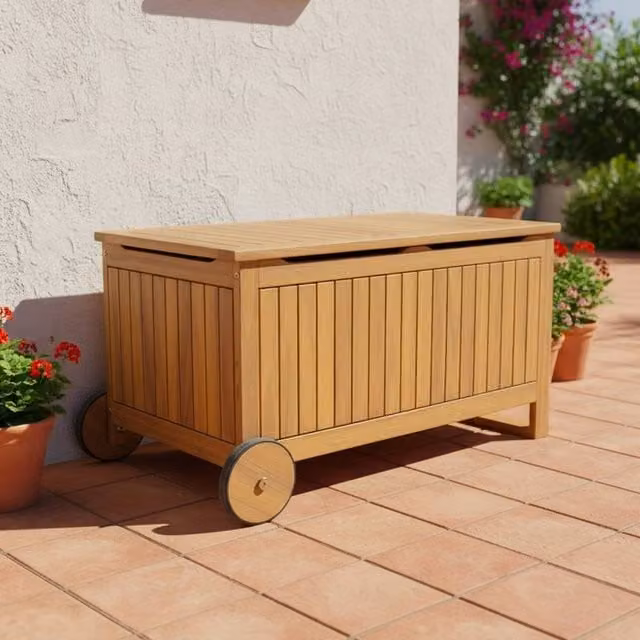 sweeek Acacia Wood Garden Storage Chest with Wheels, 119L, Brown