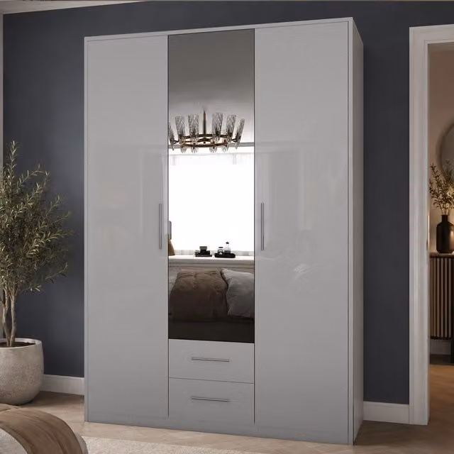 Swindon Gloss White and Matt White 3 Door Wardrobe with Mirror and 2 Drawers