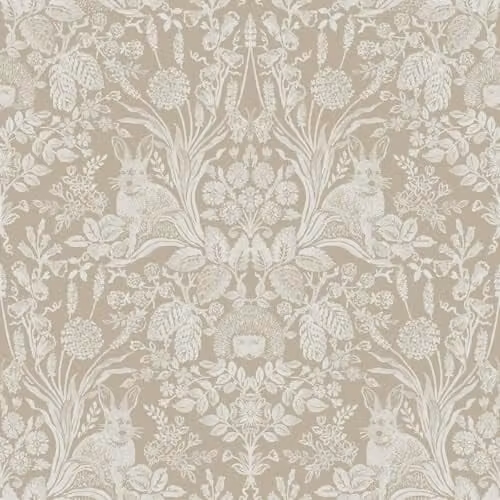 Holden Decor Harlen Botanical Wallpaper in Grey and Beige with Trees, Flowers, Hedgehogs, Leaves and Rabbits