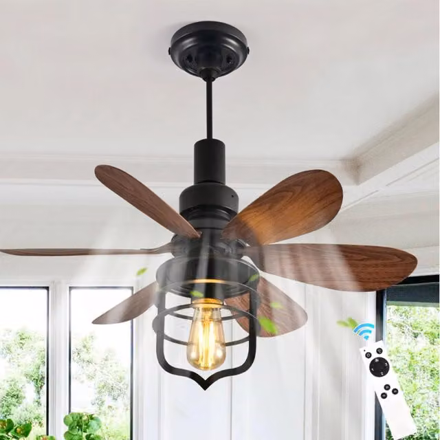 Garwarm Industrial Black and Wood Ceiling Fan with Light and Remote Control