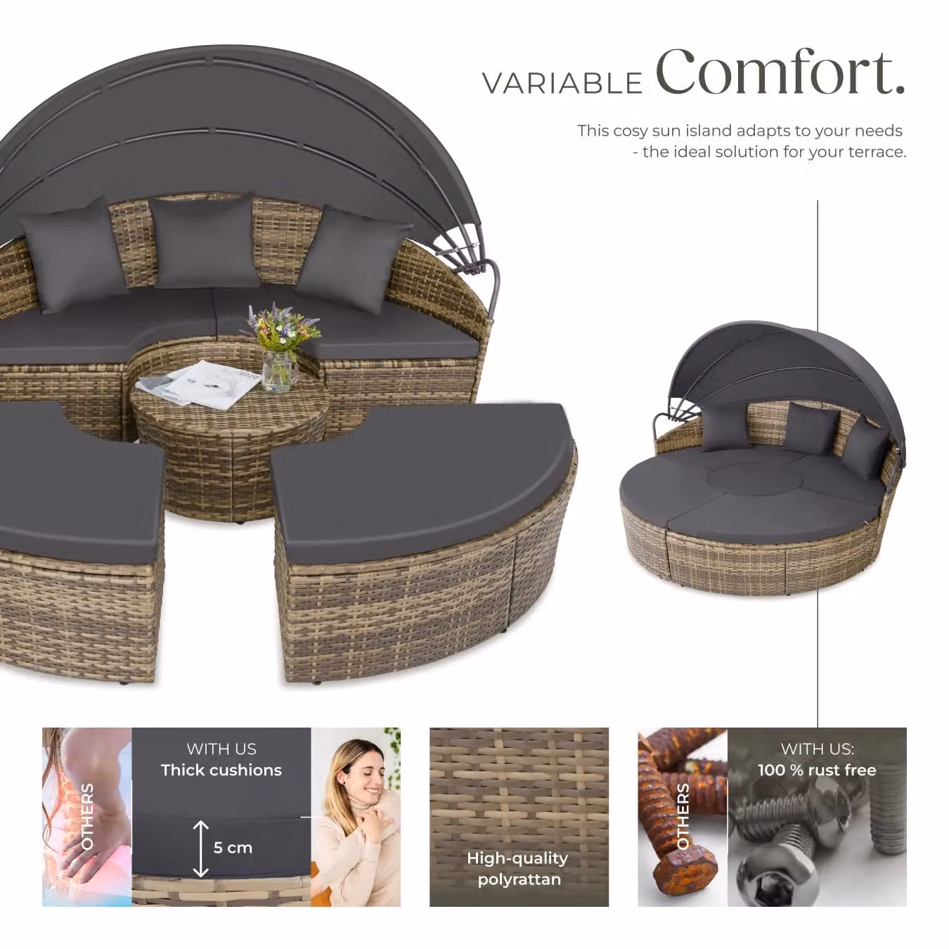 tectake Santorini Modular Garden Sun Lounger Set with Shade Canopy in Sand Beige for 4 Adults – 3