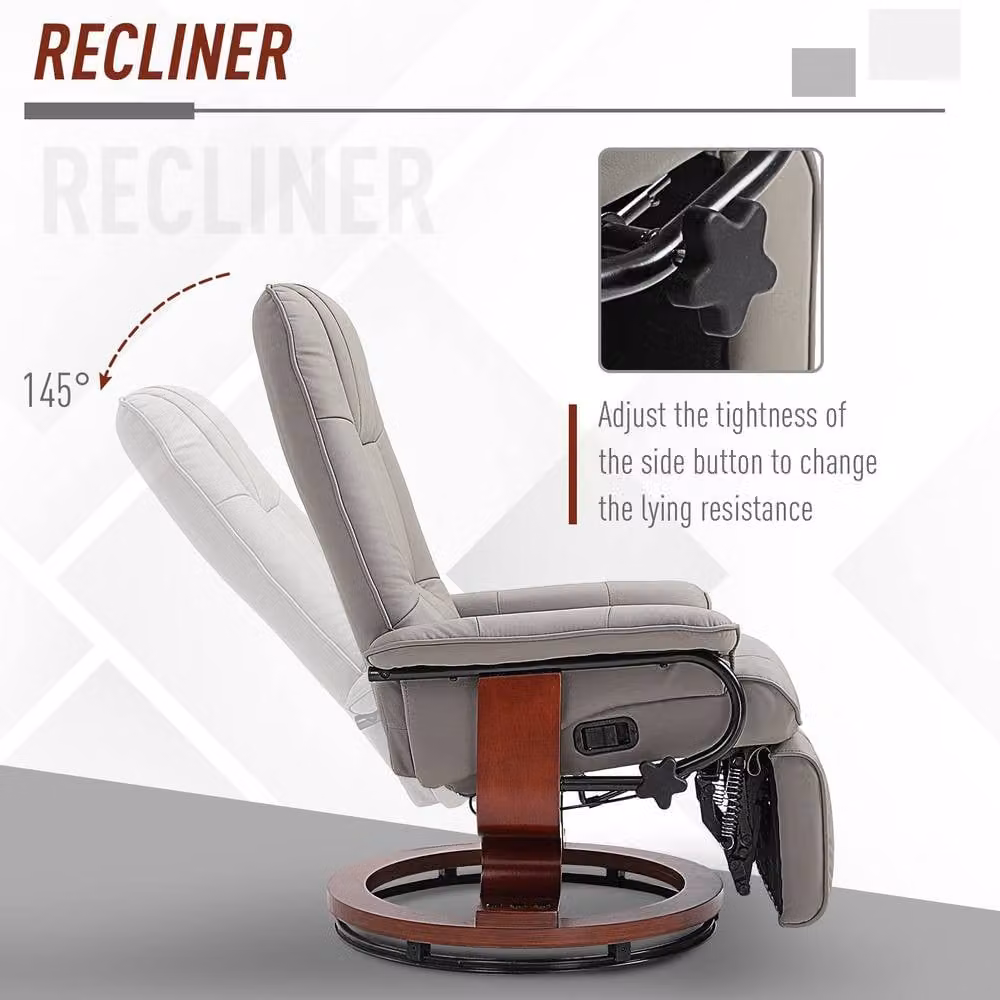 HOMCOM Ergonomic Office Recliner Sofa Chair in Grey PU Leather with 360 Degree Swivel and Armrests – 4