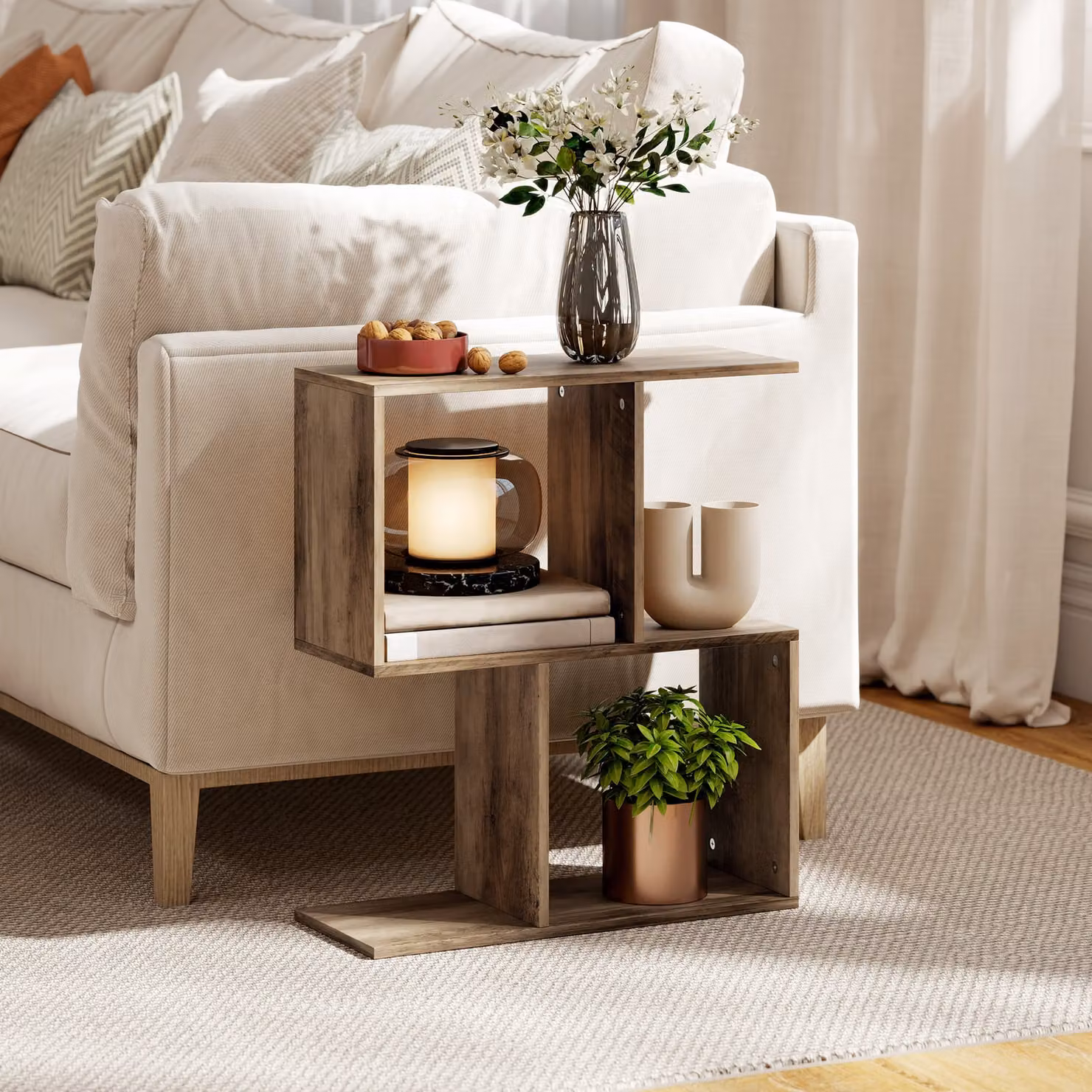 HOMCOM S-Shaped 3-Tier Narrow Side Table with Storage Shelves in Oak, W: 50 cm, D: 19.5 cm, H: 58 cm – 2