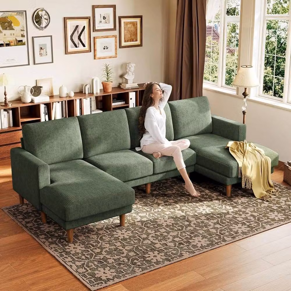 Dprodo Green U-Shaped Sectional Sofa with Solid Wood Frame and Scatter Cushions – 4
