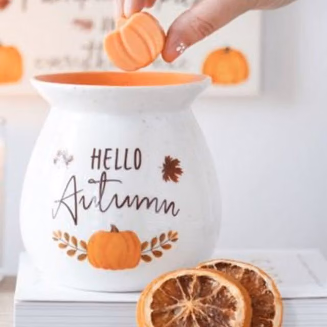 Gloriously Good Hello Autumn Ceramic Oil Burner Gift Set with Caramel Pumpkin Soy Wax Melts, White