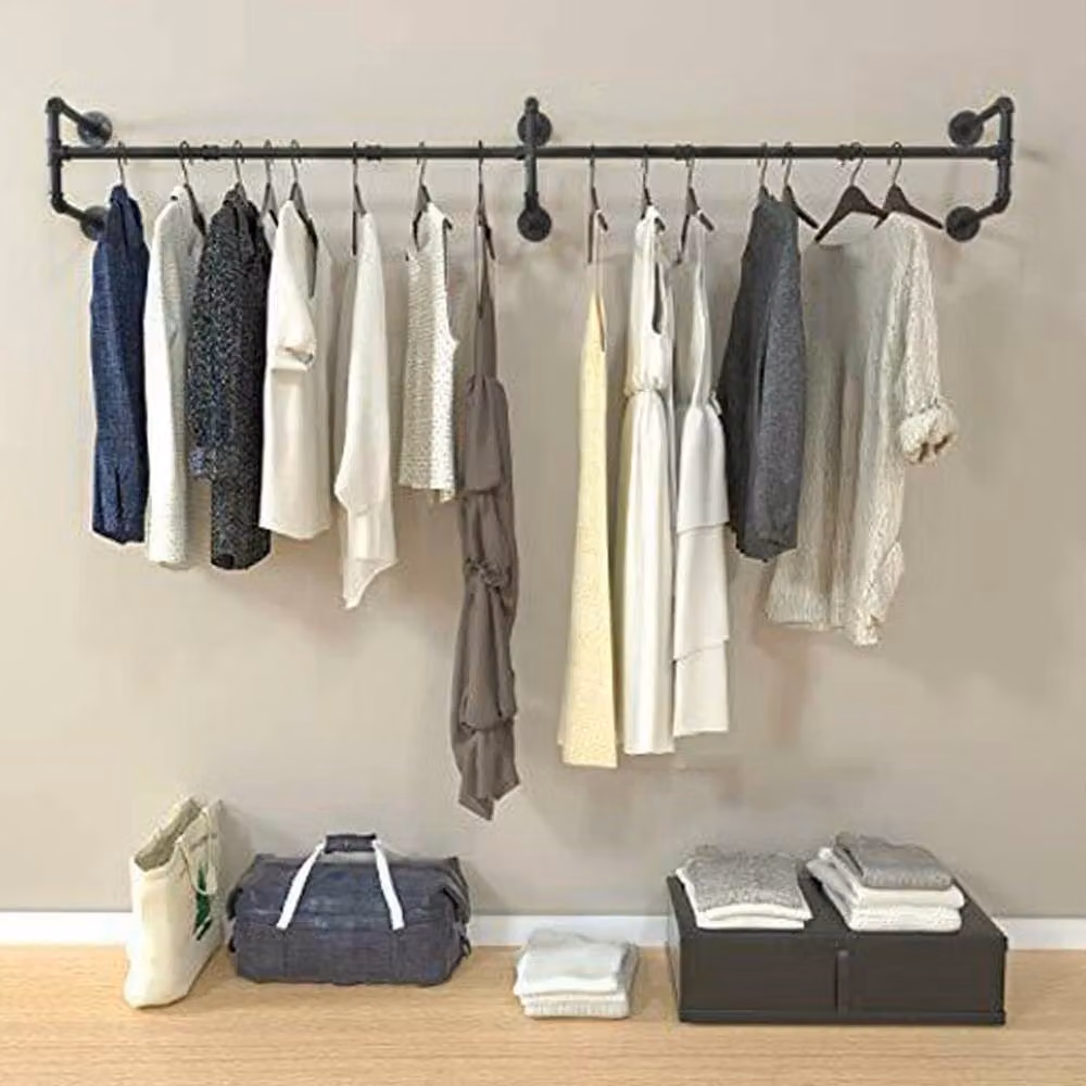 VOGREX Industrial Matt Black Wall Mount Continuous Linear Clothes Rail, Width: 184 cm – 4