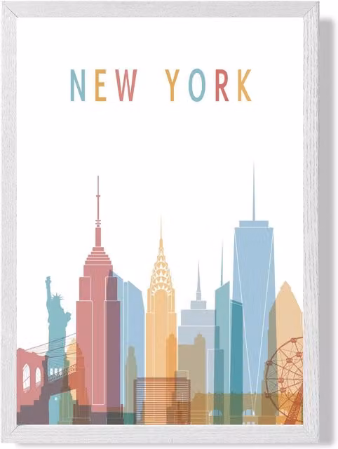 ARTZE New York Colourful City Skyline Framed Print in White and Pale Blue