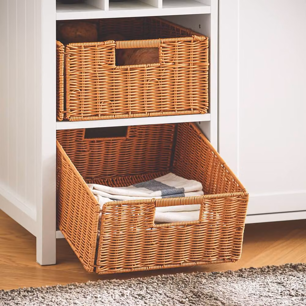 SoBuy Modern Kitchen Island with Natural Wood Top and White Rattan Baskets – 6