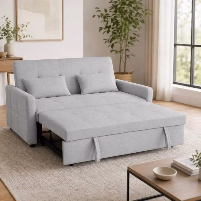 STILVORA Grey Two-Seater Click-Clack Sofa Bed with Linen Upholstery and Pull-Out Design – 1